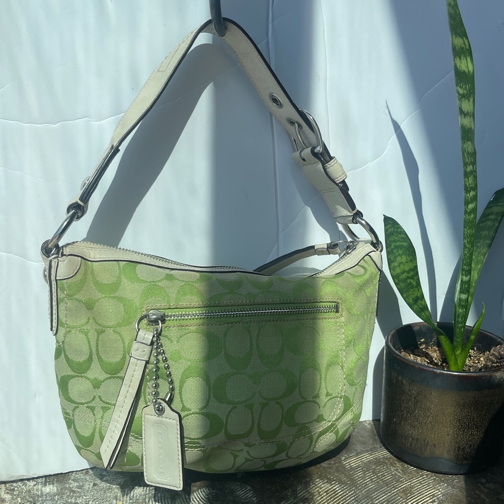 Coach APPLE GREEN Signature Canvas White Leather Trim Shoulder Bag